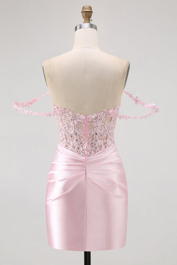 Pink Off The Shoulder Bodycon Corset Cocktail Dress